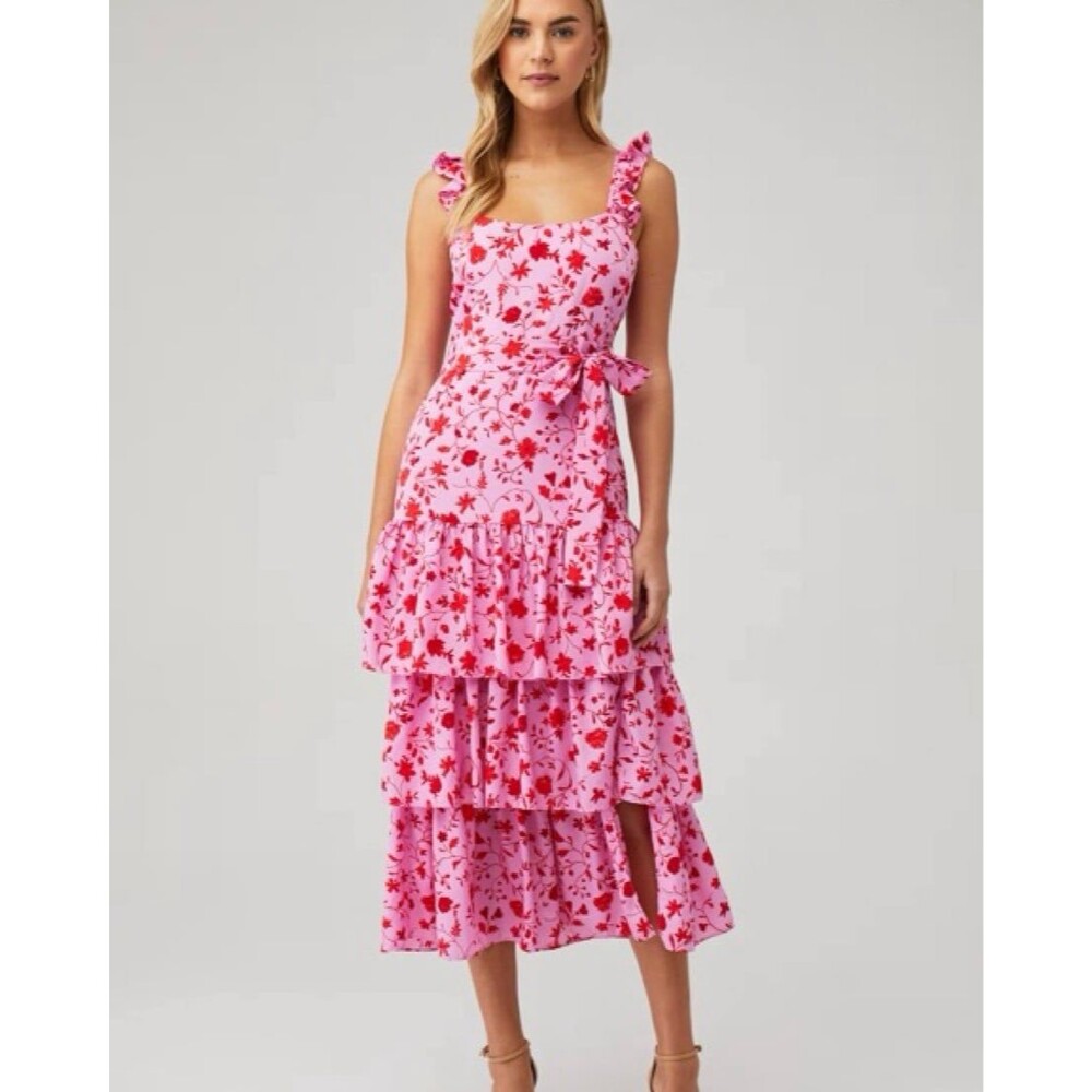 LIKELY Pink Red Floral Ruffle Tiered Maxi Dress Size 4